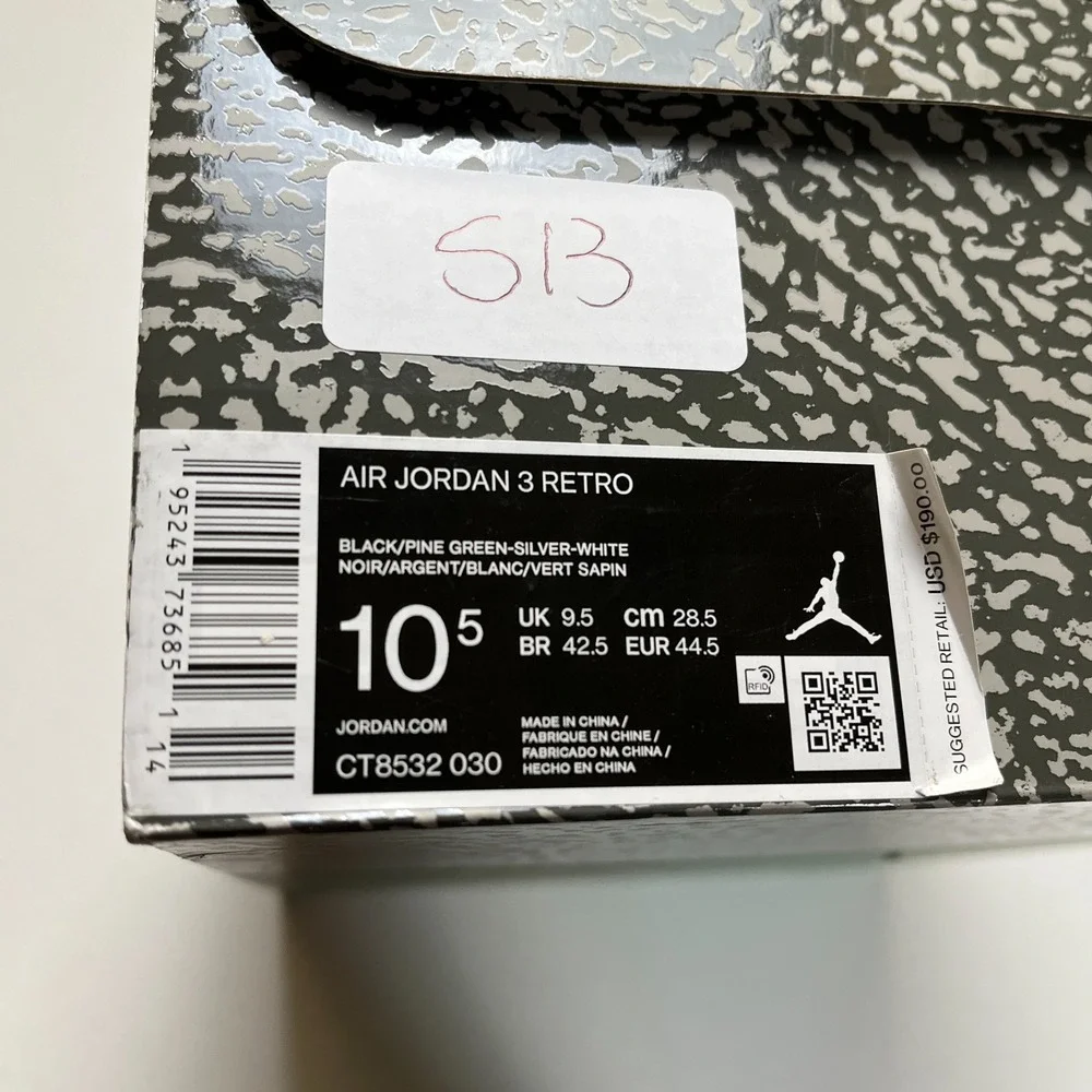 Jordan Air Jordan 3 Retro 10.5 Pine Green Black/Cement Grey/White CT8532-030